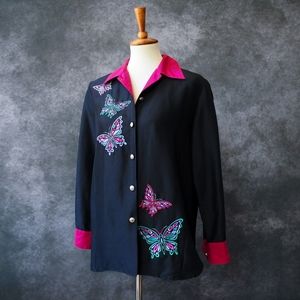 Vintage Bob Mackie Wearable Art Silk Butterfly Embroidered Black Pink Top Size S